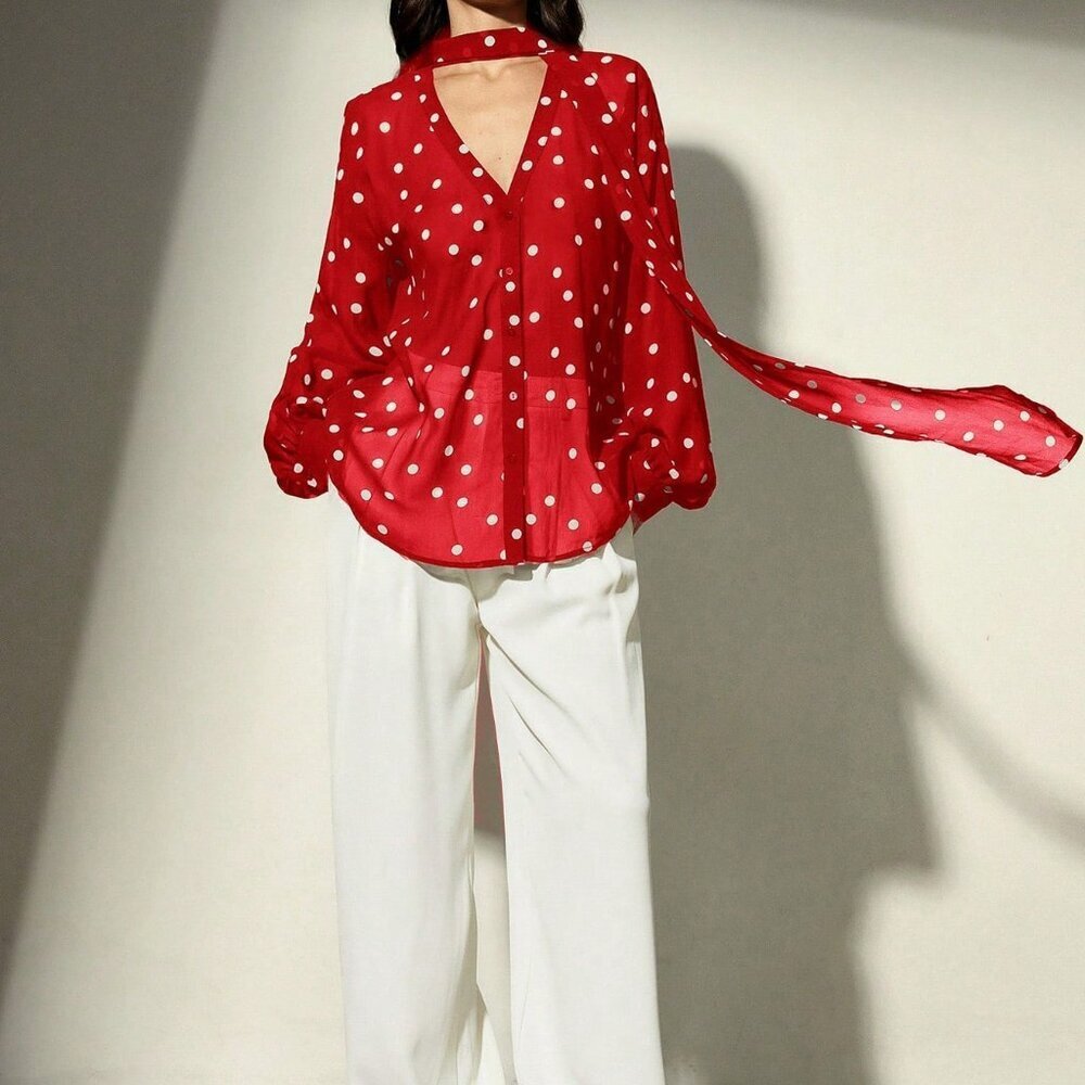 Red Casual Women's Elegant V-Neck Polka Dot Chiffon Blouse